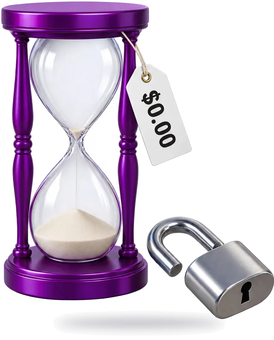 An hourglass with a price tag that reads $0.00 beside an open padlock