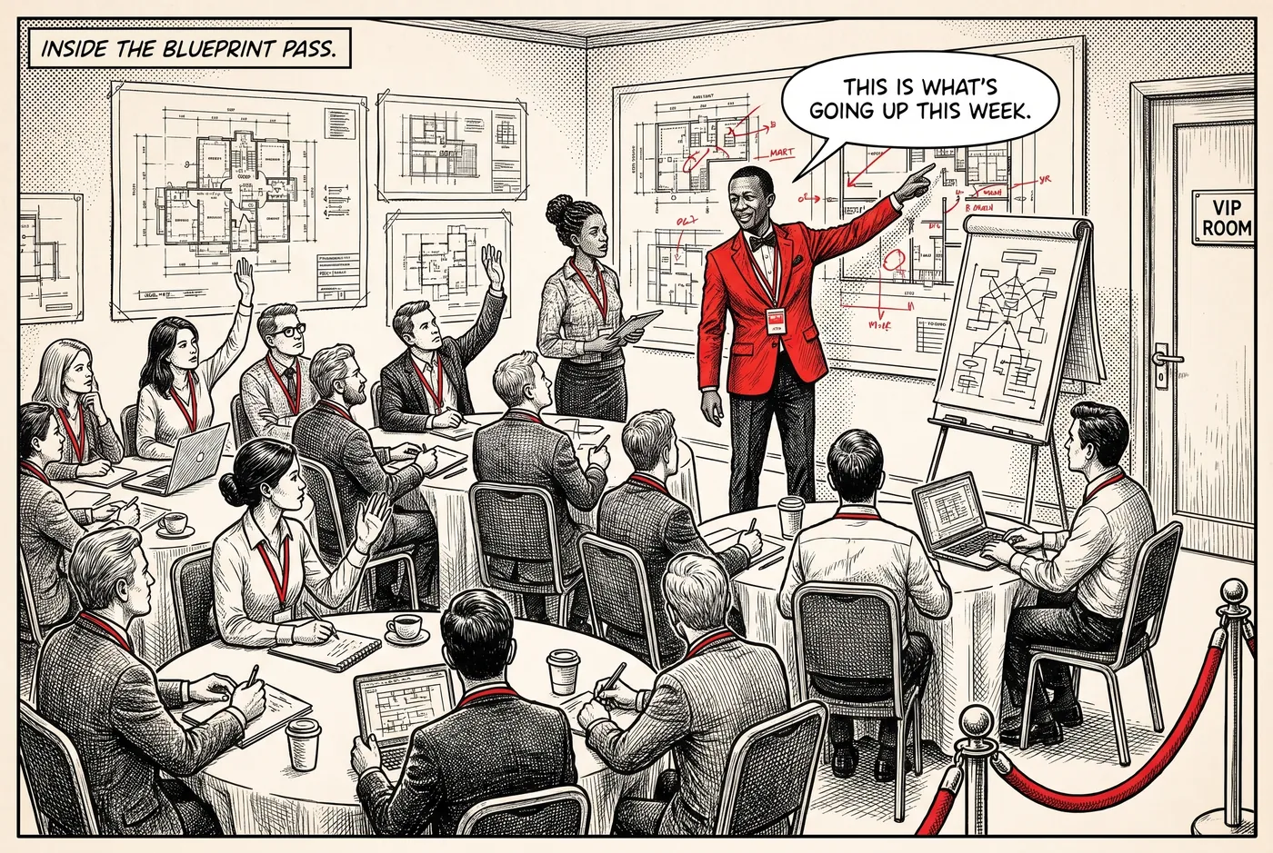Cartoon: Claude Buzizi teaching a room of members, pointing at blueprints pinned on the wall of the VIP room