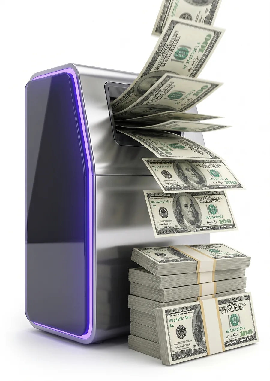 A money machine printing new dollar bills into banded stacks