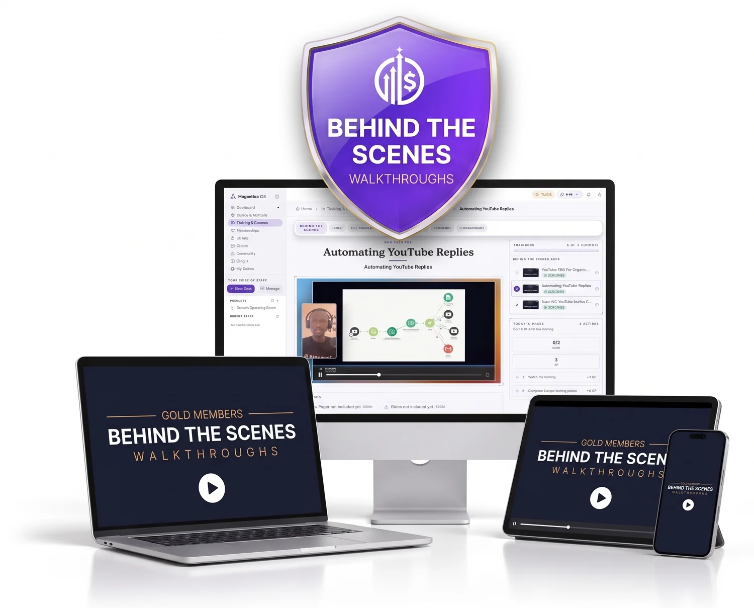 A Behind The Scenes Walkthroughs badge above a desktop, laptop and tablet each playing a walkthrough