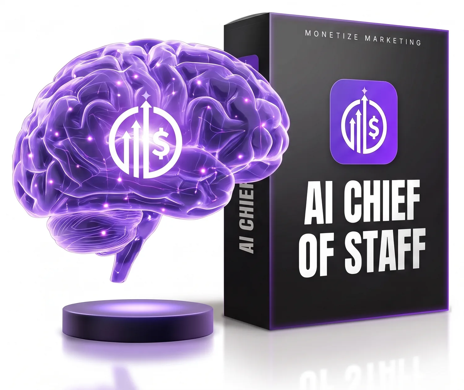 A glowing violet brain with the Monetize Marketing icon at its core beside the AI Chief Of Staff software box