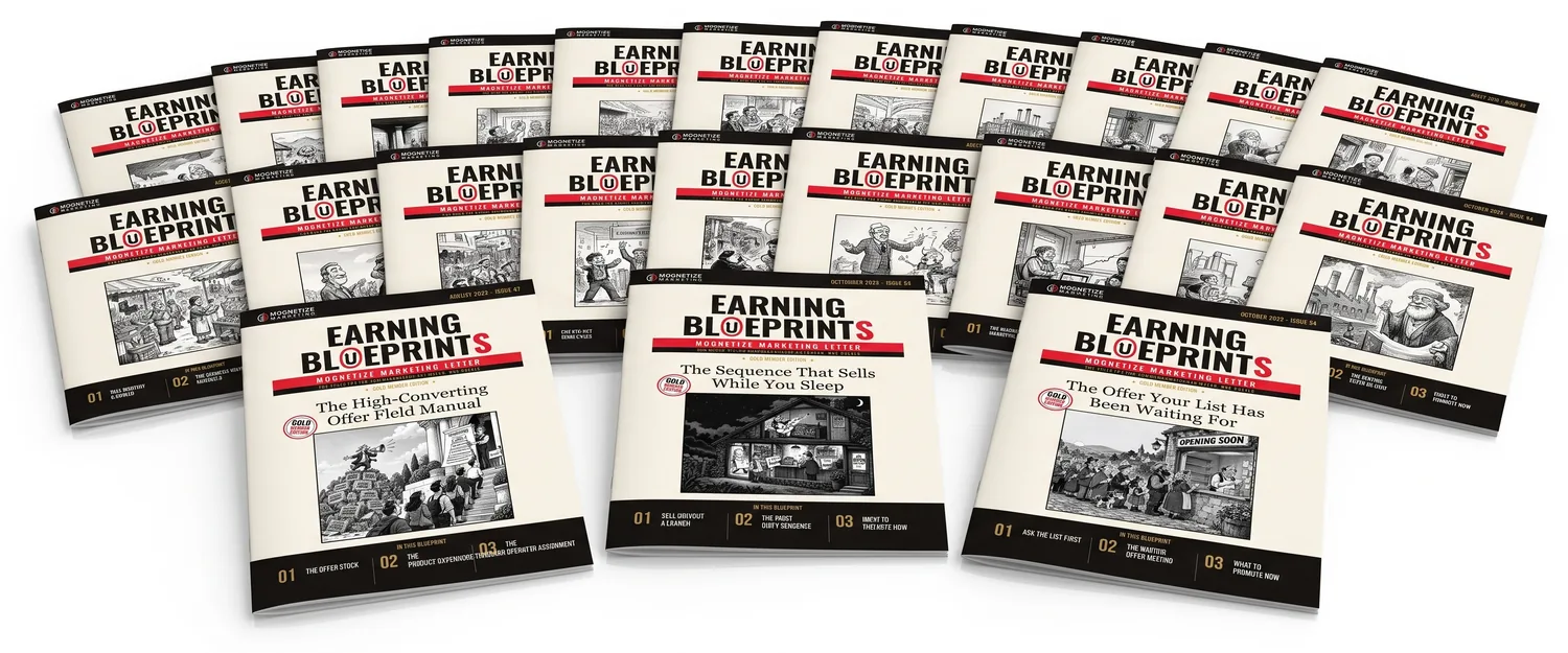 A spread of Earning Blueprints newsletter issues