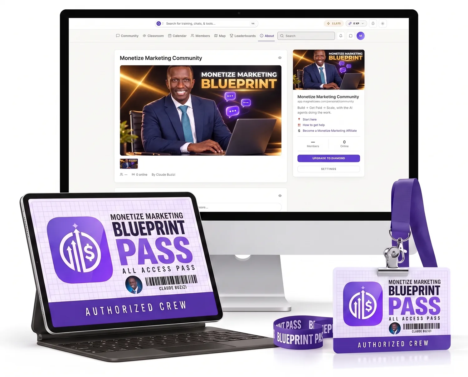 The Monetize Marketing community page on an iMac, the Blueprint Pass on a tablet and the pass on its lanyard