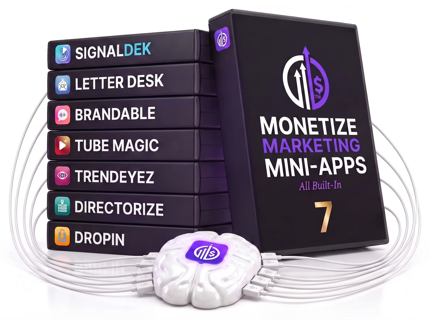 The Monetize Marketing Mini Apps box, 7 tools one login, beside seven cases for SignalDek, Letter Desk, Brandable, Tube Magic, TrendEyez, Directorize and DropIn, all cabled into one brain hub