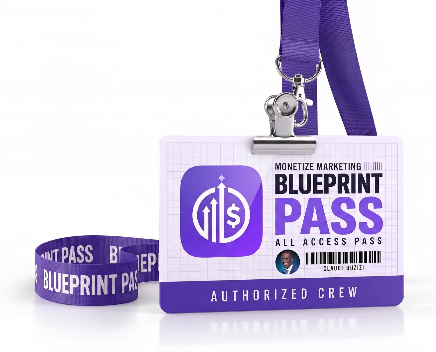 Blueprint Pass on a violet lanyard: Monetize Marketing, All Access Pass, Authorized Crew